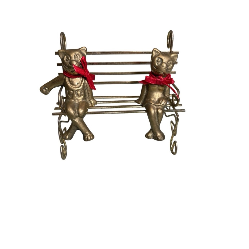 Brass Cats Kittens Sitting Cross Leg Metal Bench Red Ties Taiwan‎ Pair Trinket